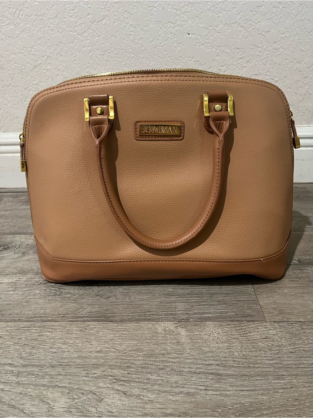 Joy & Iman Camel Leather Dome Satchel with Gold Hardware